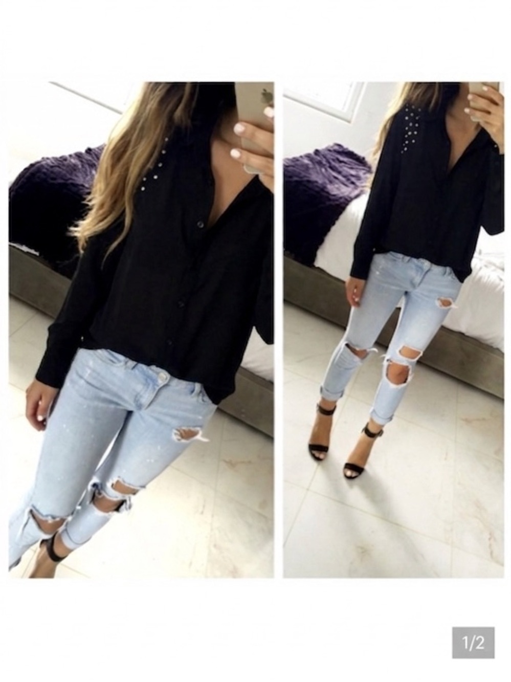 Black Studded Button-Up Blouse